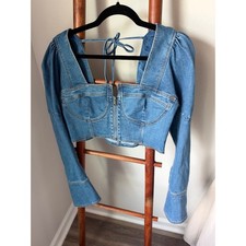 NWT Rehab Lab Blue Denim Corset Crop Top Puff Sleeve Zip Front Medium Wash L picture