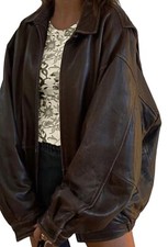 Women's Handmade Oversized Real Leather Vintage Brown Bomber Jacket picture