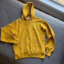 Champion Reverse Weave Hoodie Mustard Yellow Mens Medium Sweatshirt VTG 90s Y2K picture