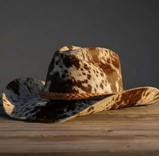 Handmade Genuine Cowhide Leather Cowboy Hat Brown White Western Hair on Hide picture
