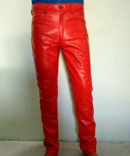 Mens Biker Jeans Real Red Or Cow Leather Sleek And Sexy 501 Style Pants New picture