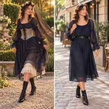 French Meadows Navy Chiffon Chemise Dress M Puff Sleeve Gothic Renaissance Fairy picture