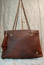 Vintage Bally Brown Quilted Leather Tote Bag Chain Straps Tassel Made in Italy picture