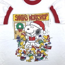 NOS vintage 90s SNOOPY SANTA'S WORKSHOP RINGER T-Shirt XL xmas peanuts cartoon picture