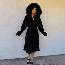Vintage 70s Wool Jacket with Real Fox Fur Collar Black Belted Hooded Coat picture