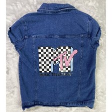 MTV Music Television Denim Trucker Cut Off Jacket Girls XL Blue Distress Vintage picture