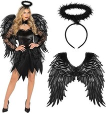 Women`s Fallen Angel Costume Adult Dark Angel Dress Black Wings Halloween S-3XL picture