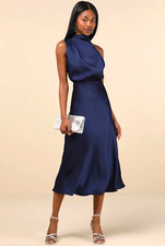 Lulus Distinctive Charm Navy Blue Satin Asymmetrical Halter Midi Dress XXS NWT picture