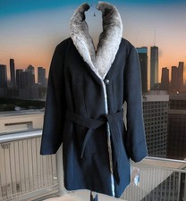 Hal Rubenstein New Women's Faux Fur Collar Belt Black Coat w/ Garment Bag, Sz 1X picture