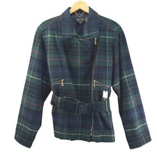 Vtg Classiques Entier Moto Wool Blend Lined Jacket XL Green Plaid Belt Deadstock picture