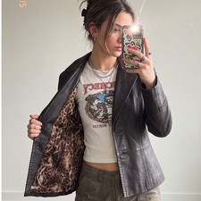 Classiques Entier Dark Brown Vintage Leather Blazer Leopard Lining Pick Stitch M picture