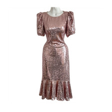 Jovani Rose Gold Sequin Midi Dress Size 4 Puff Sleeve Ruffle Hem NWT picture