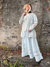 Antique VTG 1900s Edwardian Pale Blue Cotton Skirt Jacket Walking Dress Suit XS picture