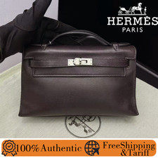 AUTH Hermes Kelly Pochette Eben Evergrain Leather PHW Clutch Handbag picture