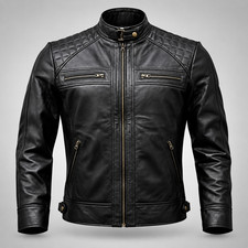 Men's Genuine Lambskin Leather Jacket Black Brown Cafe Racer Motorcycle Biker picture