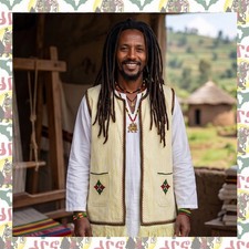 Authentic Ethiopian Hand-Embroidered Cotton Vest with Traditional Cross & Rasta picture