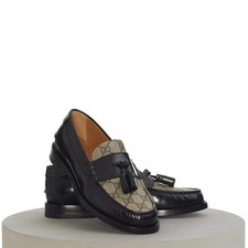 Mens Black Leather Canvas Tassel Loafers Handmade Designer Dress Shoes Brand New picture