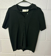 Fashion Bug Women's M Black Rayon Nylon Knit Polo Collared Button Front Top picture