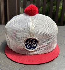 Vintage GE General Electric Pom Pom Snapback Trucker Hat Men OS 80s K-Brand Red picture
