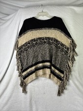 New Directions Womens M Black Tan Geometric Knit Sweater Fringe Boho Metallic picture