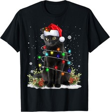 Black Cat Christmas Santa Hat Funny Meowy Cats Women Men T-Shirt picture
