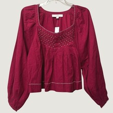 LOFT NWT Embroidered Smocked Sweetheart Blouse Burgundy Red Womens Small picture