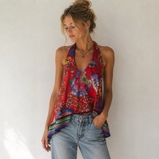 Express Womens Red Floral Halter Tunic Top Open Back Y2K Artsy Boho Sz Medium picture
