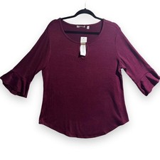 Notations Burgundy Ruffle 3/4 Sleeve Blouse Keyhole Neck NWT Women Large picture
