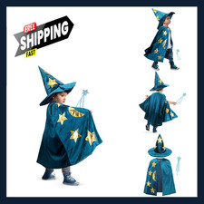 Kids Wizard Cloak with Hat and Wand, Velvet Costume Set for Halloween and picture