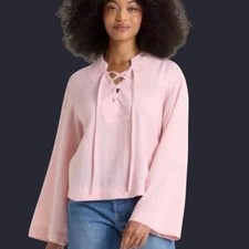 Universal Thread Pink Stripe Ruffle Lace Up Peasant Blouse XXL NWT picture