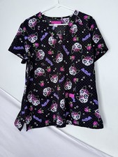Betsey Johnson Women's L Scrub Top V-Neck Short Sleeve Cat Print Poly/Spandex picture