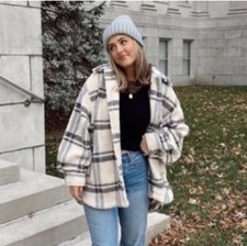 $89 H&M Oversized Plaid Flannel Black Blue Orange Shirt Jacket Shacket Sz XXL picture