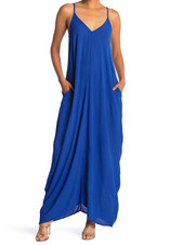 Lovestitch Weekend Mila Maxi Dress Blue M/L Rayon Crinkle Gauze V-Neck Pockets picture