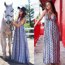En Creme Boho Tribal Aztec Plunge Neck Maxi Dress Festival NWT Medium picture