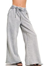 Sleet Zenana Palazzo Acid Wash Long Sweatpants w/ Pockets Drawstring Waist picture