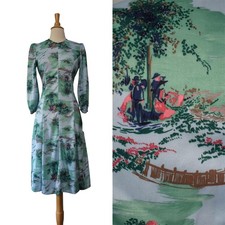 Vintage 70s Pastoral Scenic Novelty Figures Trees Footbridge Print Dress picture