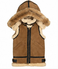 Men's Suede Leather Vest Brown Shearling Hooded Fur Lined Winter picture
