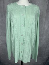 Vintage Sara Morgan Cardigan Sweater L Mint Green Cable Knit Button Up 80s 90s picture