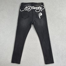 Ed Hardy Embroidered Skull & Knife Skinny Jeans Men 32 Black Stretch Spellout picture