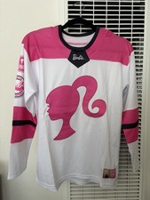 Barbie Girls Hockey Jersey Shirt Pink White Long Sleeve Youth 10-12 Mattel 2024 picture