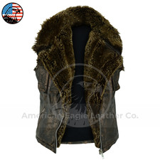 Men's Vintage Brown Kraven Leather Vest Fox Fur Biker Motorcycle Cosplay Jacket picture
