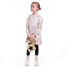 IMOGA GIRLS DRESS LISA ABSTRACT METALLIC PRINT BEIGE JERSEY RUFFLE LONG SLEEVE 7 picture