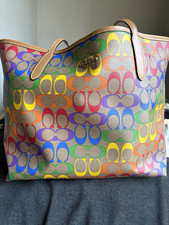 Coach City Tote in Rainbow Signature Canvas Leather Khaki Saddle Multi C4181 picture