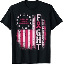USA Flag Fight Breast Cancer Awareness Pink Ribbon Graphic T-Shirt Unisex Black picture