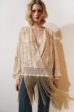 Zara Woman Ecru Beige Embroidered Fringe Blouse V-Neck Long Sleeve Viscose Top picture