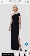 Herve Leger Paris Black One Shoulder Ruched Crystal Open Back Gown Dress M picture