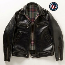 Handmade Mens Leather Jacket Vintage Style Black Biker Coat Plaid Lined picture