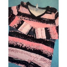 Pink Black Striped Faux Glitter Graphic V-Neck Long Sleeve Top XL picture