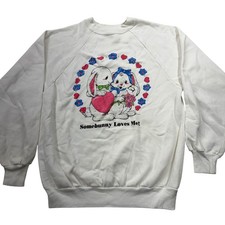 Vintage 80s Somebunny Loves Me Raglan Sweatshirt XL Cream Bunny Graphic USA Made picture