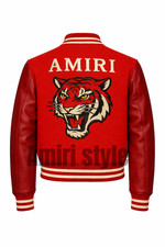 Men’s Red AMIRI Varsity Jacket – Leather Sleeves, Tiger Embroidery, Streetwear picture